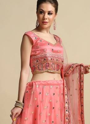 Peach & Brown Sequinned Semi-Stitched Lehenga & Unstitched Blouse With Dupatta 4