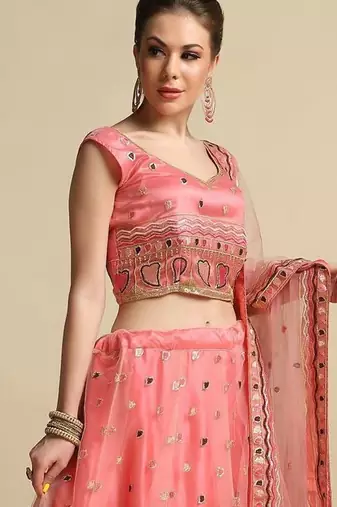 Peach & Brown Sequinned Semi-Stitched Lehenga & Unstitched Blouse With Dupatta