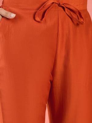 Orange floral printed silk blend v-neck straight kurta with trousers 3
