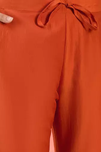 Orange floral printed silk blend v-neck straight kurta with trousers