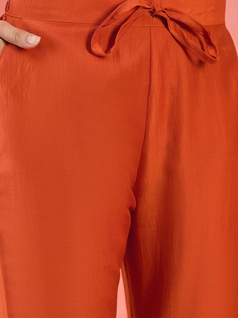 Orange floral printed silk blend v-neck straight kurta with trousers