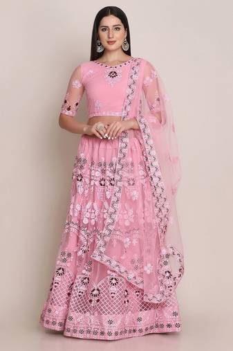 Pink & Maroon Embroidered Semi-Stitched Lehenga & Unstitched Blouse & Dupatta