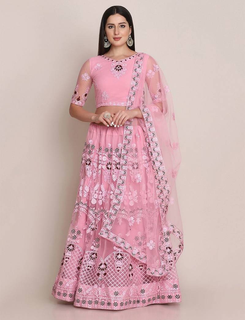 Pink & Maroon Embroidered Semi-Stitched Lehenga & Unstitched Blouse & Dupatta
