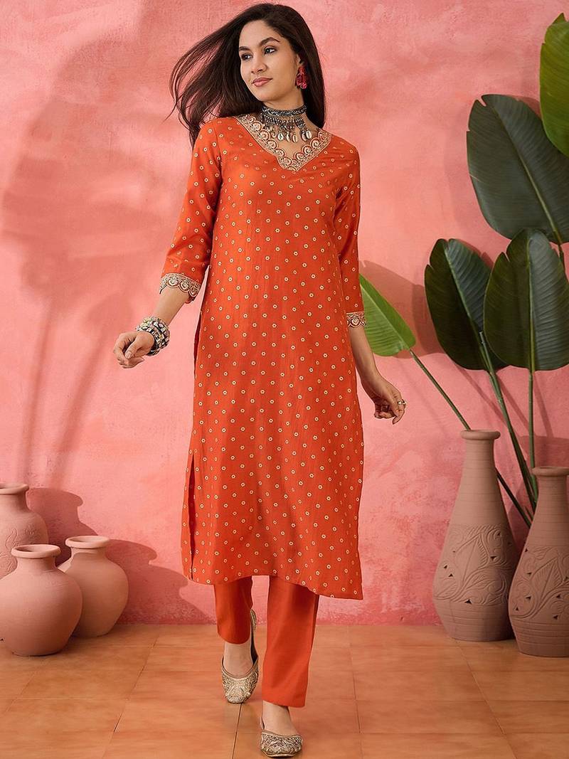 Orange floral printed silk blend v-neck straight kurta with trousers