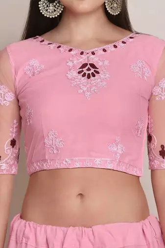 Pink & Maroon Embroidered Semi-Stitched Lehenga & Unstitched Blouse & Dupatta