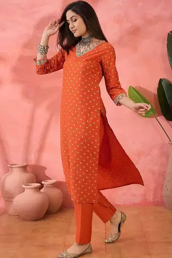 Orange floral printed silk blend v-neck straight kurta with trousers