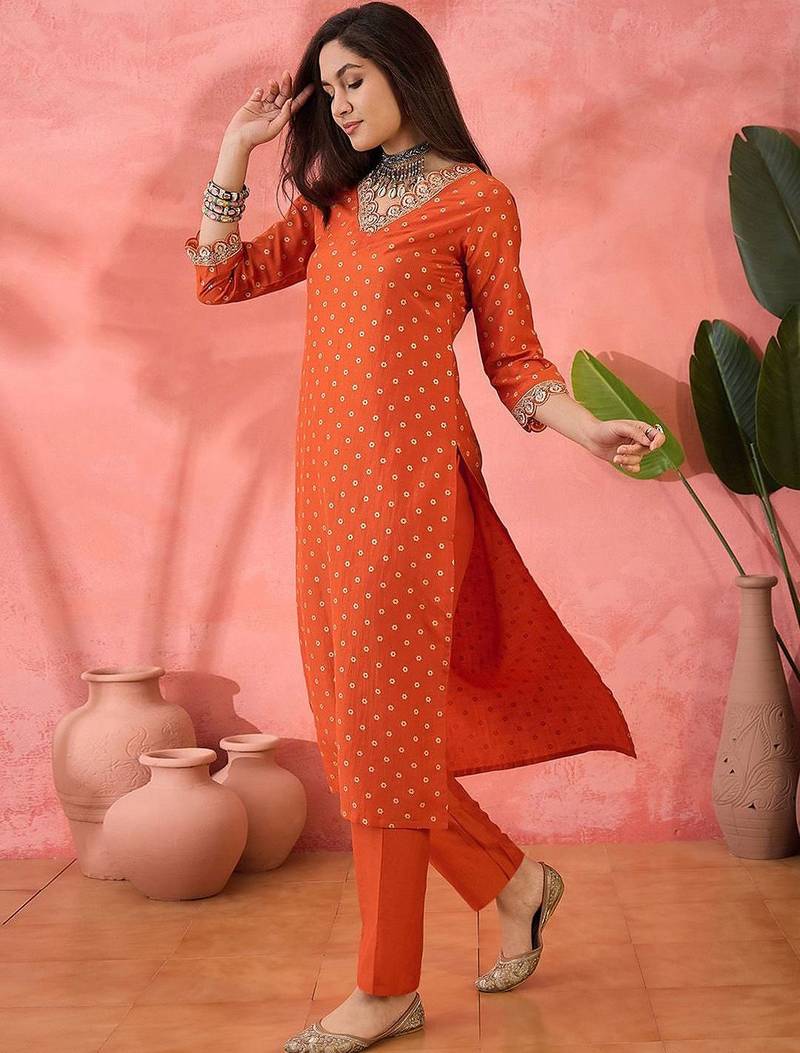 Orange floral printed silk blend v-neck straight kurta with trousers