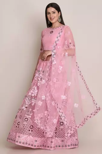 Pink & Maroon Embroidered Semi-Stitched Lehenga & Unstitched Blouse & Dupatta
