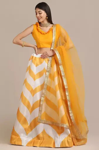 Yellow & White Semi-Stitched Lehenga & Unstitched Blouse With Dupatta