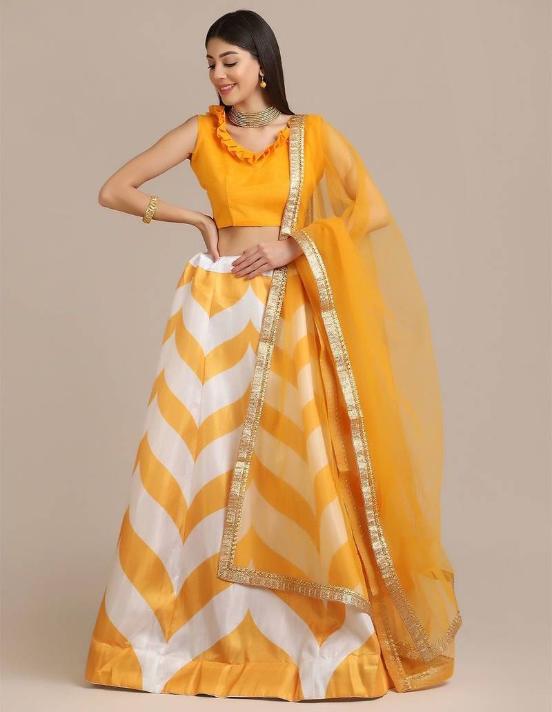 Yellow & White Semi-Stitched Lehenga & Unstitched Blouse With Dupatta