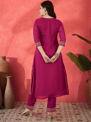 Floral embroidered v-neck sequinned empire a-line kurta trousers 5