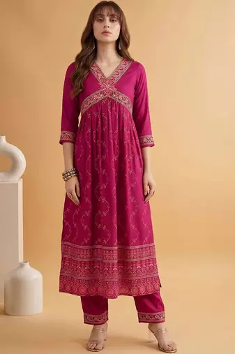 Embroidered v-neck alia cut kurta & trousers