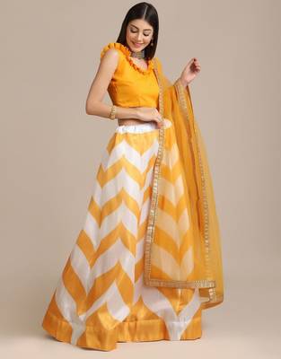 Yellow & White Semi-Stitched Lehenga & Unstitched Blouse With Dupatta 4