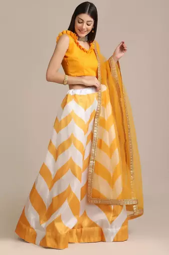 Yellow & White Semi-Stitched Lehenga & Unstitched Blouse With Dupatta