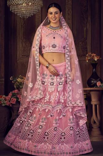 Pink & Maroon Embroidered Semi-Stitched Lehenga & Unstitched Blouse &Dupatta
