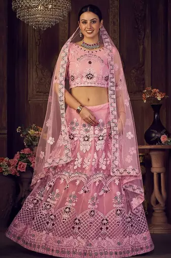 Pink & Maroon Embroidered Semi-Stitched Lehenga & Unstitched Blouse &Dupatta
