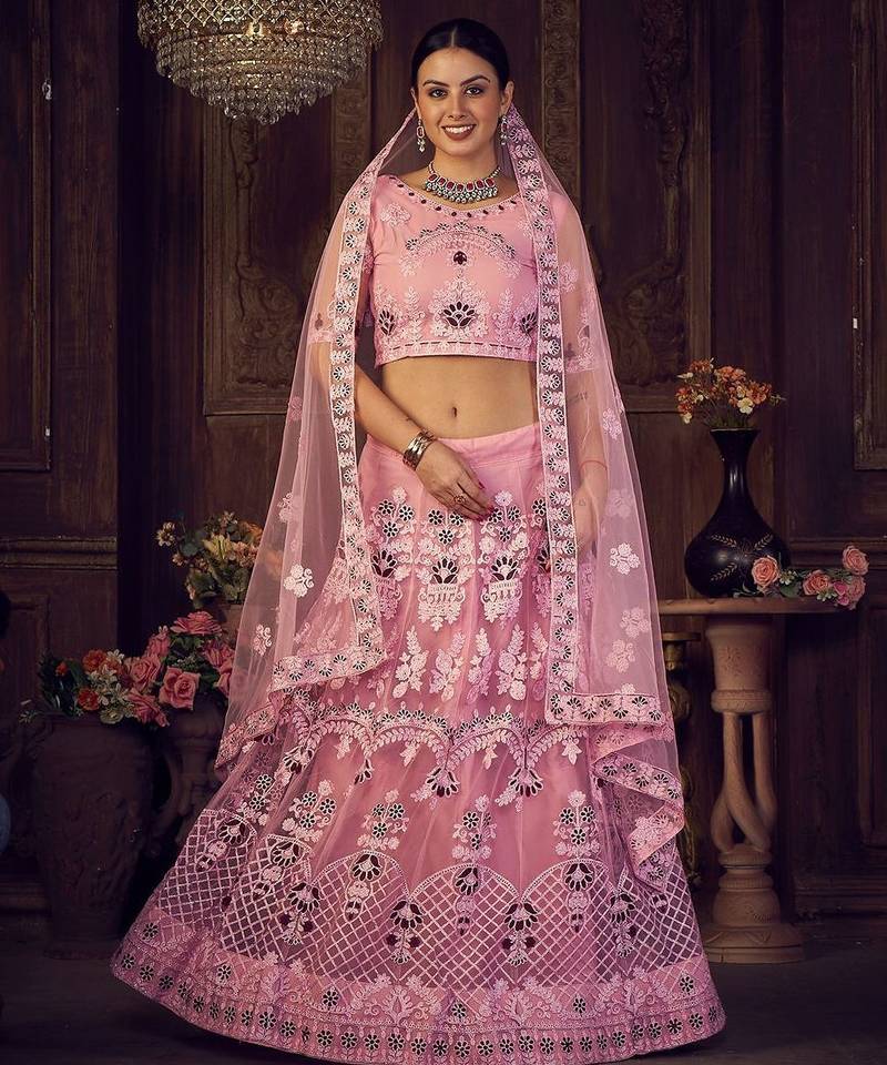 Pink & Maroon Embroidered Semi-Stitched Lehenga & Unstitched Blouse &Dupatta