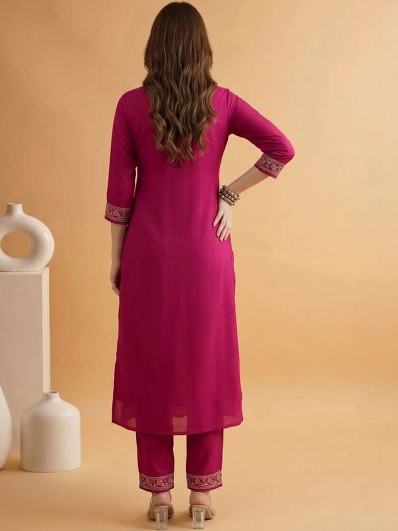 Embroidered v-neck alia cut kurta & trousers