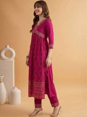 Embroidered v-neck alia cut kurta & trousers 3