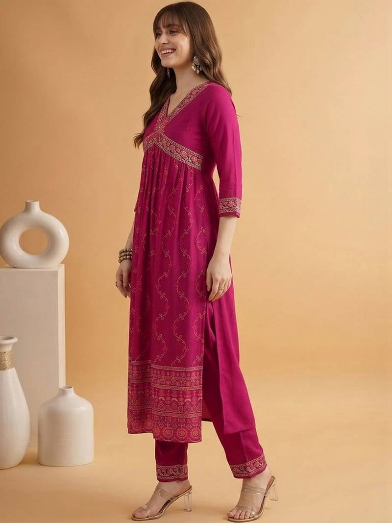 Embroidered v-neck alia cut kurta & trousers