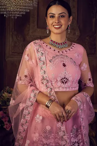 Pink & Maroon Embroidered Semi-Stitched Lehenga & Unstitched Blouse &Dupatta