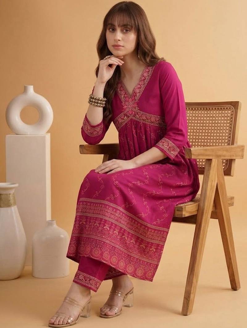 Embroidered v-neck alia cut kurta & trousers