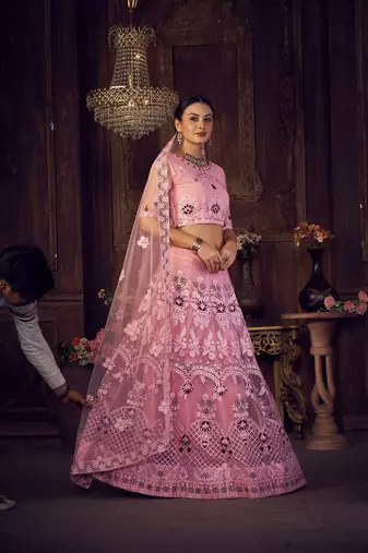 Pink & Maroon Embroidered Semi-Stitched Lehenga & Unstitched Blouse &Dupatta
