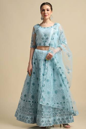 Blue Mirror Work Semi-Stitched Lehenga & Unstitched Blouse With Dupatta
