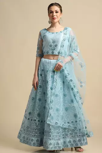 Blue Mirror Work Semi-Stitched Lehenga & Unstitched Blouse With Dupatta