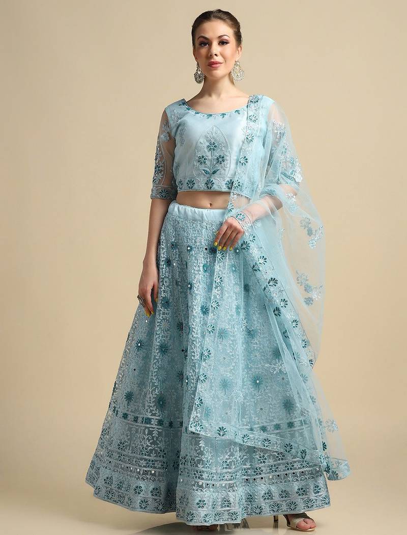 Blue Mirror Work Semi-Stitched Lehenga & Unstitched Blouse With Dupatta