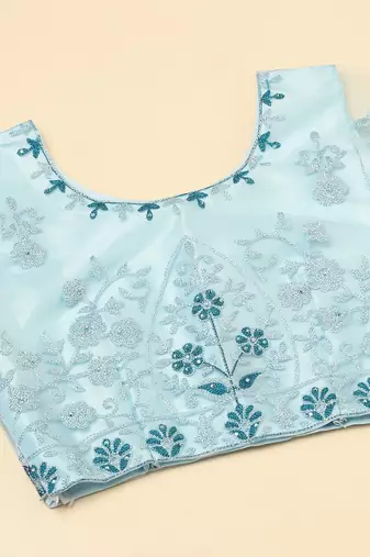 Blue Mirror Work Semi-Stitched Lehenga & Unstitched Blouse With Dupatta