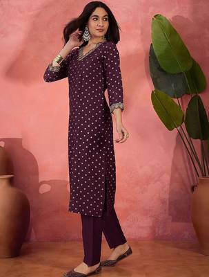 Foil printed with zari sequence embroidered a-line kurta & trousers 4