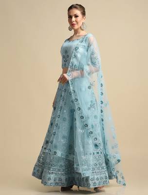 Blue Mirror Work Semi-Stitched Lehenga & Unstitched Blouse With Dupatta 4
