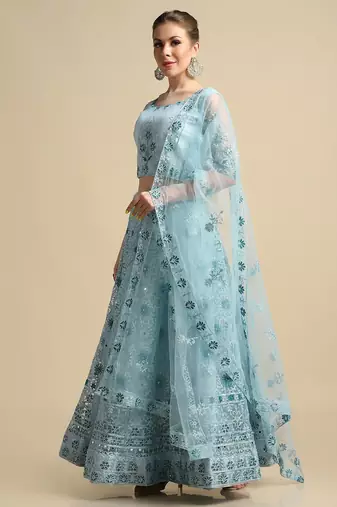 Blue Mirror Work Semi-Stitched Lehenga & Unstitched Blouse With Dupatta