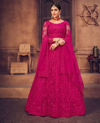 Pink Embroidered Thread Work Semi-Stitched Lehenga & Unstitched Blouse With Dupatta 1