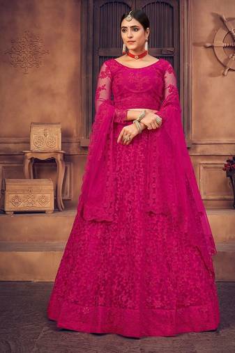 Pink Embroidered Thread Work Semi-Stitched Lehenga & Unstitched Blouse With Dupatta