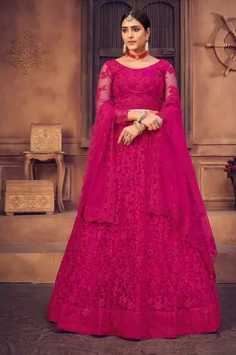 Pink Embroidered Thread Work Semi-Stitched Lehenga & Unstitched Blouse With Dupatta