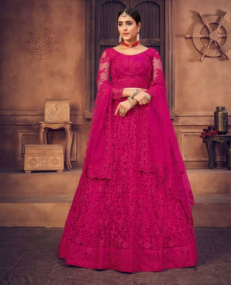 Pink Embroidered Thread Work Semi-Stitched Lehenga & Unstitched Blouse With Dupatta