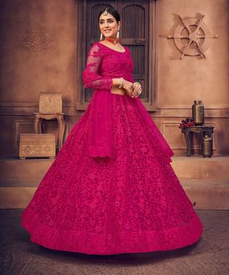 Pink Embroidered Thread Work Semi-Stitched Lehenga & Unstitched Blouse With Dupatta 2