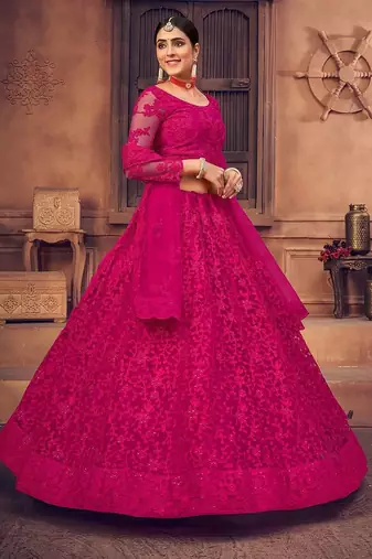 Pink Embroidered Thread Work Semi-Stitched Lehenga & Unstitched Blouse With Dupatta