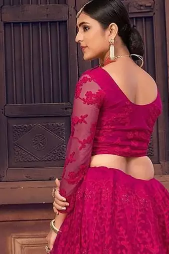 Pink Embroidered Thread Work Semi-Stitched Lehenga & Unstitched Blouse With Dupatta