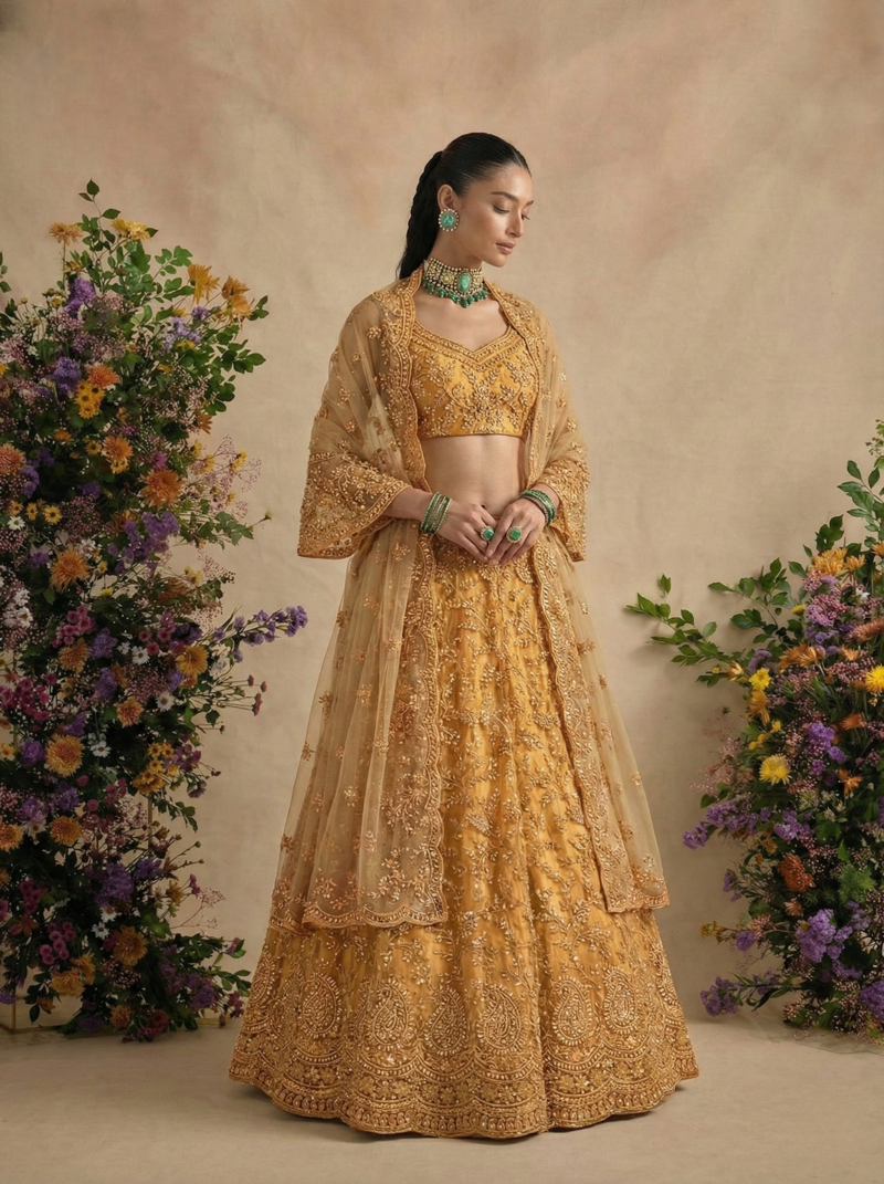 Yellow  Pure Soft Heavy Butterfly Net Sequins Embroidery Work Bridal Lehenga Choli