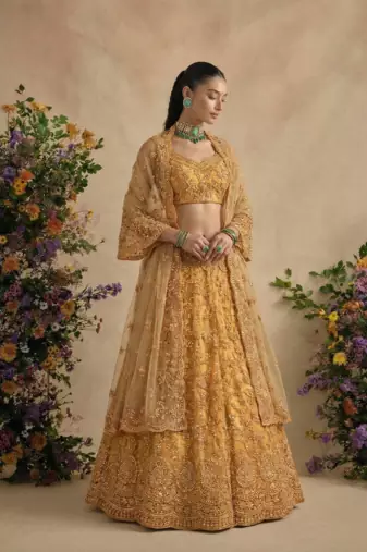 Yellow  Pure Soft Heavy Butterfly Net Sequins Embroidery Work Bridal Lehenga Choli