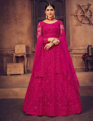 Pink Embroidered Thread Work Semi-Stitched Lehenga & Unstitched Blouse With Dupatta 4