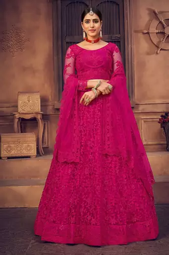 Pink Embroidered Thread Work Semi-Stitched Lehenga & Unstitched Blouse With Dupatta