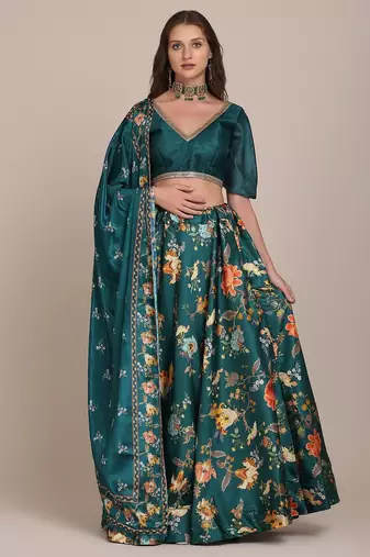 Green & Blue Semi-Stitched Lehenga & Unstitched Blouse With Dupatta