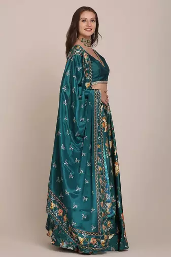 Green & Blue Semi-Stitched Lehenga & Unstitched Blouse With Dupatta
