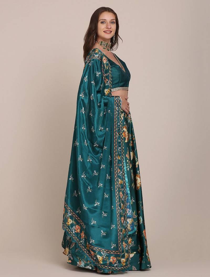 Green & Blue Semi-Stitched Lehenga & Unstitched Blouse With Dupatta