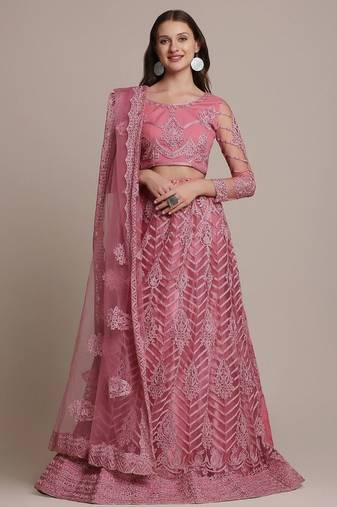 Pink & Silver-Toned Embroidered Thread Work Semi-Stitched Lehenga & Unstitched Blouse With