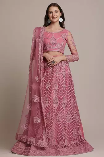 Pink & Silver-Toned Embroidered Thread Work Semi-Stitched Lehenga & Unstitched Blouse With